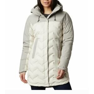 Columbia Down Mountain Croo Long Down Hood Jacket NEW $250.00 Size XS Chalk Gray